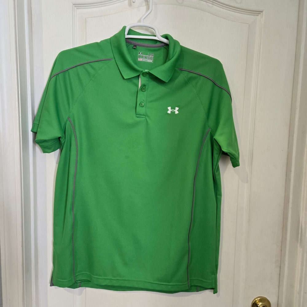 Under Armour Polo Shirt Mens LG Green HeatGear Loose Fit Short Sleeve Golf